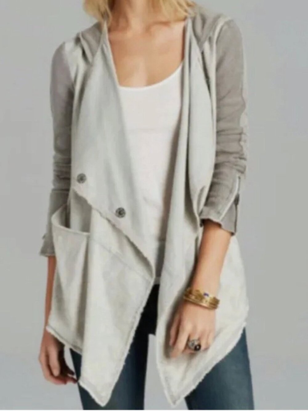 Free People Hooded Open-Front Long Sleeve Jacket in Light Gray and Heather Gray
